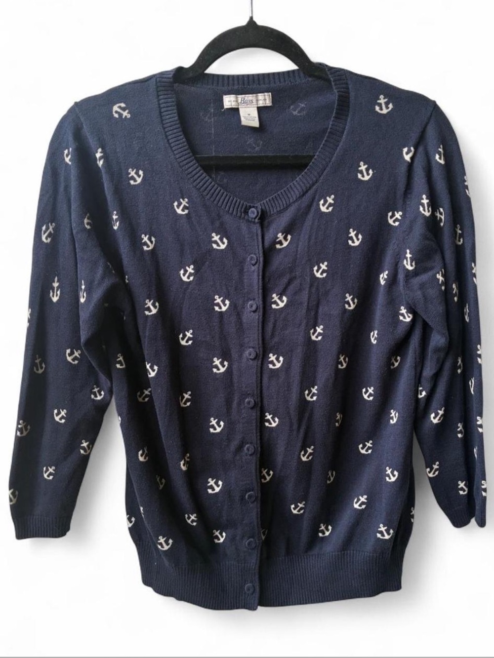 Bass Navy 100% cotton nautical preppy knit Cardigan White Anchors lake beach M